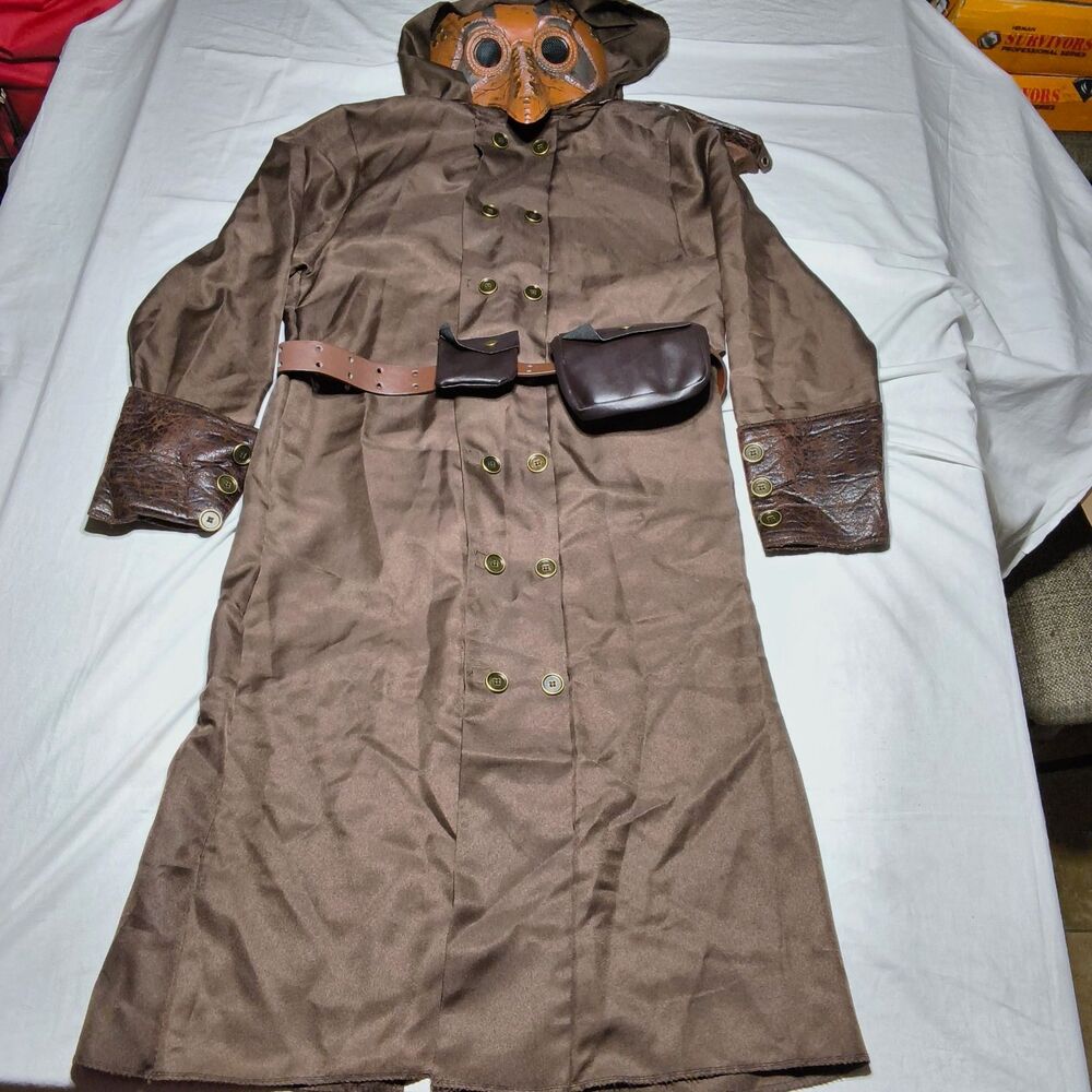Spirit Hooded Brown Plague Doctor Costume Robe w/ Mask & Belt Pouches S/M